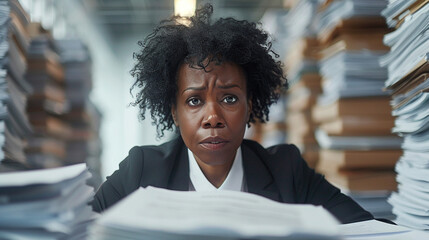 African-American business middle-aged woman exhausted around chaotic and disorganized stacks of paper, overwhelmed and stress. Challenges of organization, workload efficient task management