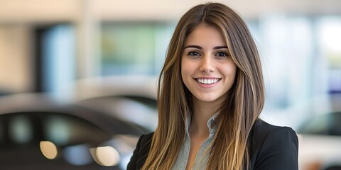 A confident and successful young businesswoman salesperson smiling warmly and conveying positivity and professionalism in a modern car sales base office environment. Her friendly demeanor shows that s