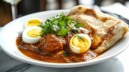 Traditional Ethiopian Doro Wat with Fresh Injera Bread, Berbere Spiced Eggs and House-Made Cottage Cheese, Authentic African Cuisine Photography