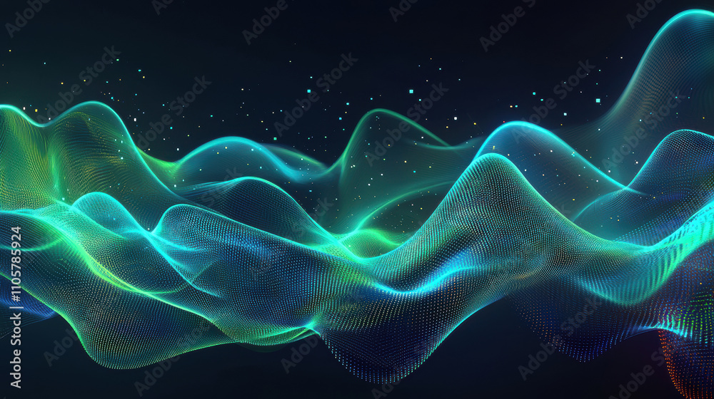 Poster vibrant digital data flow background featuring colorful waves and particles, creating sense of movem