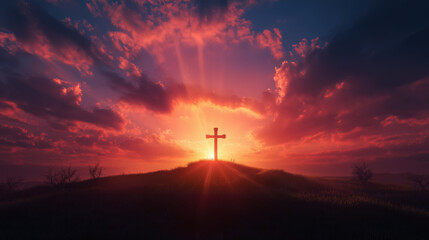 Obraz premium Witness the beauty of dawn as the sun rises behind a lone cross, casting golden rays through vibrant clouds. A striking moment of peace and reflection in nature.