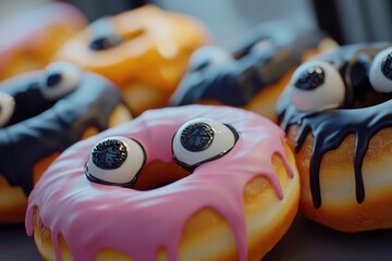 Naklejka premium Row of donuts with black and pink eyes. The eyes are made of frosting and are placed on top of the donuts