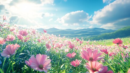 Obraz premium Tranquil Blooming Meadow: Stunning Field of Vibrant Flowers Under Sunbeams and Soft Bokeh Background