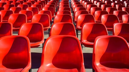 Naklejka premium Red plastic grandstand seats in an open-air stadium under daylight, arranged in multiple rows for event spectators.