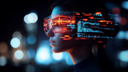 Virtual Reality Projections Surrounding Woman's Face in Portrait Photography with Digital Icons