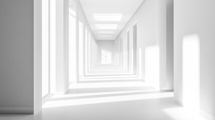 Bright hallway with white walls and geometric light patterns in a modern building