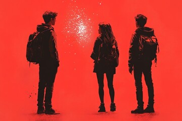 Three teens standing with backpacks on red background facing bright light