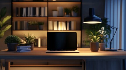 Nighttime Modern Wooden Desk with Warm Lamp Light, Laptop, Accessories, and Copy Space for Product Display. Close-up View.
