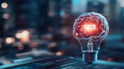Obraz premium Innovative technology concept brain-like intelligence in a light bulb urban environment digital art futuristic perspective mind exploration