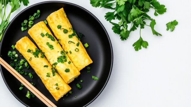 A black plate features three rolled omelets garnished with green onions and cilantro, served with chopsticks.