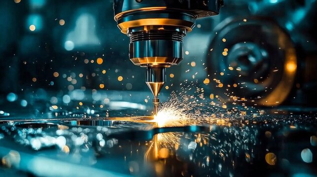 Steel billet being drilled by industrial machine with multi-cut tool, creating precise holes in metal work industry.