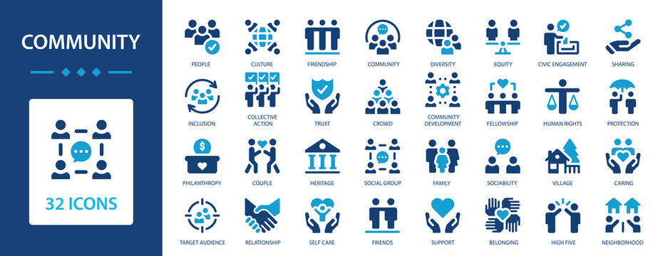 Community icon flat collection. Social life, which includes family, friendship, communication, etc.
