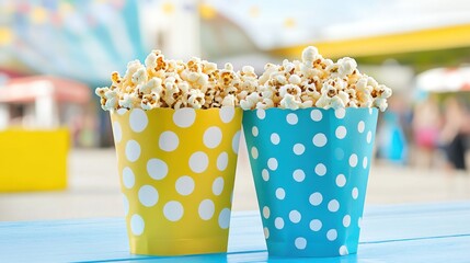 Two colorful cups filled with popcorn, set against a vibrant outdoor background, creating a festive, fun atmosphere.