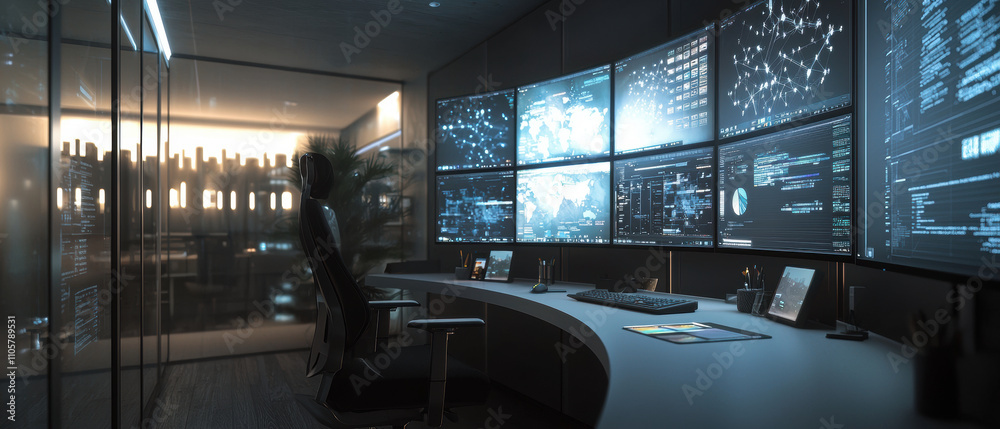 Poster modern home office featuring multiple high resolution screens displaying data and analytics, creatin