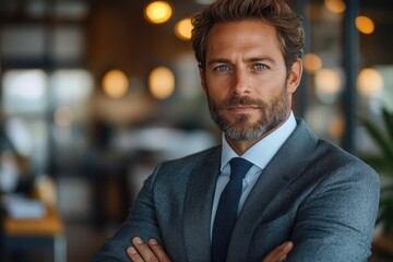 Confident caucasian male adult in professional business attire at office setting