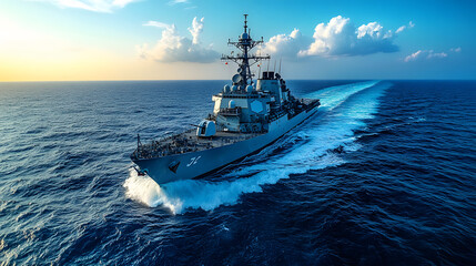 A large ship is sailing through the ocean with a large wave behind it. The sky is cloudy and the sun is setting