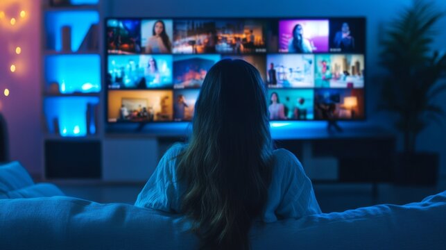 Female accessing OTT content on smart TV at home