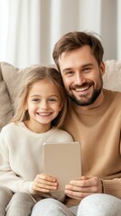 cyberbullying privacy concept, A joyful father and daughter smile together while holding a blank card, capturing a moment of love and connection.