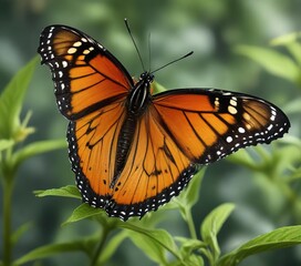 Naklejka premium Macro shot of black and orange monarch butterfly on green plant, vibrant, macro photography, wildlife