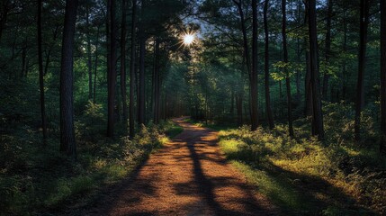 Obraz premium Moonlit path through a forest with tall, dark trees casting long shadows and the trail glowing faintly