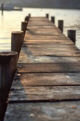 Fototapeta premium Wooden pier with a pier walkway and a pier walkway. The pier is in the water and the water is calm