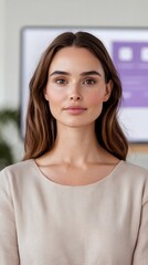 cyberbullying privacy concept, A natural-looking woman with long, wavy hair poses confidently, wearing a textured light-colored top against a modern background.