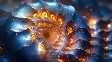 Highdetail fractal spirals in holographic gradients, glowing cyan veins, and metallic finishes