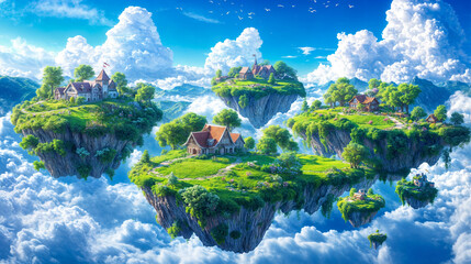 The image depicts a whimsical, fantastical scene with floating islands in the sky