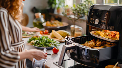 Obraz premium A busy parent multitasking in the kitchen, cooking multiple dishes simultaneously in different compartments of the air fryer