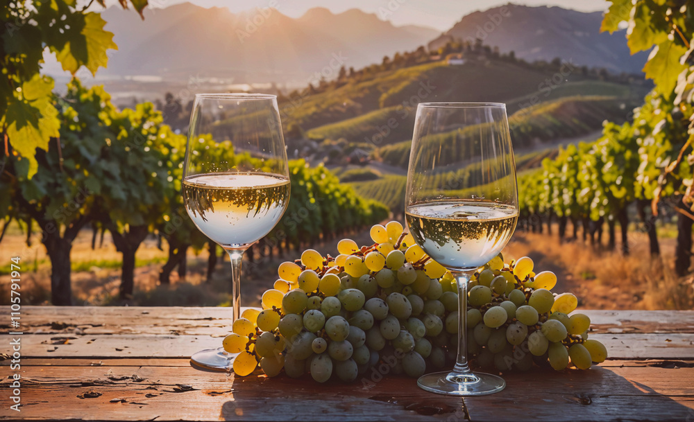 Poster two wine glasses with a bunch of grapes in front of them. the wine glasses are full and the grapes a