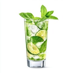 A tall glass of mojito with mint leaves, lime, and ice cubes, detailed texture, isolated on white background