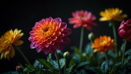 Colorful flowers against a dark background, vivid and bright.