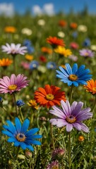 Fototapeta premium Colorful flowers in a green meadow under a blue sky.