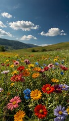Fototapeta premium Colorful flowers in a green meadow under a blue sky.