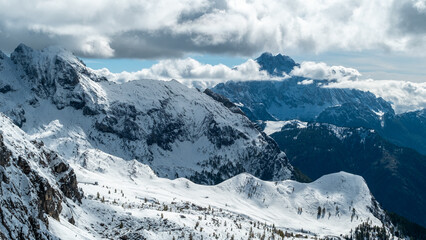 Panoramic Vista: Snow-Drenched Dolomites Under Clear Skies