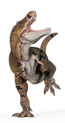 tyrannosaurus mcraeensis in a crazy up attack in white background side view