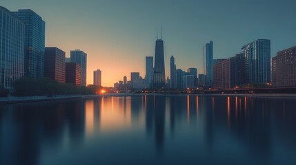Fototapeta premium Chicago River Cityscape at Sunset