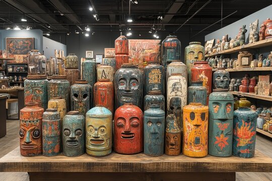 Colorful handcrafted ceramics in artistic display at rustic gallery