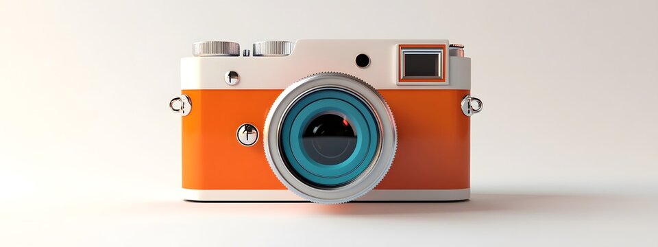 A cute, retro-style camera icon in orange and silver, with a blue lens and a white background