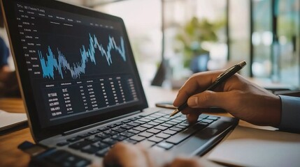 A person analyzing financial data on a laptop with charts.