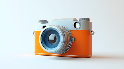 A cute, retro-style camera icon in orange and silver, with a blue lens and a white background