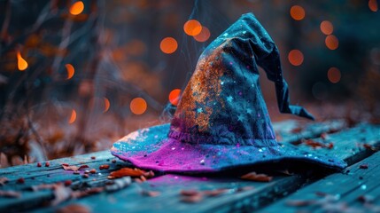 Mystical witch's hat with colorful powder, autumn leaves, bokeh lights.