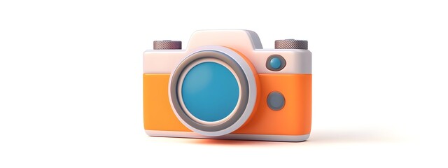 A cute, retro-style camera icon in orange and silver, with a blue lens and a white background