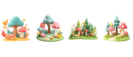 Obraz premium Cute forest scene with mushrooms and trees, 3D icon style on a white background