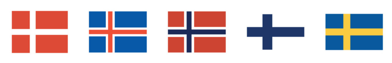 Flags of Nordic countries featuring Denmark, Iceland, Norway, Finland, and Sweden displayed in a vector style.