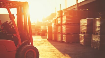 Sunset over a warehouse with a forklift parked near wooden pallets and crates, showcasing a tranquil moment in industrial logistics environment