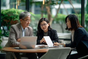 Middle aged asian businesswoman leading a meeting with two colleagues in a modern office in a discussion with laptop and notes on the table