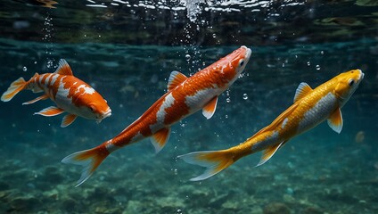 Colorful koi fish leaping through water, creating bubbles.