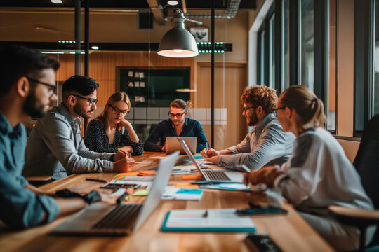 Colleagues collaborate in a boardroom, sharing ideas projects, focusing on project management