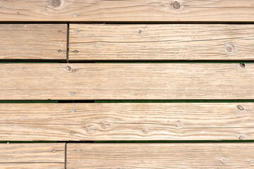 Obraz premium Outdoors flooring with wooden planks of a footpath over a part of a river. In the gaps the green water is visible.